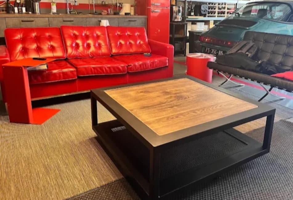 Table basse industrielle " CHARME " carré en métal et bois 2 plateaux