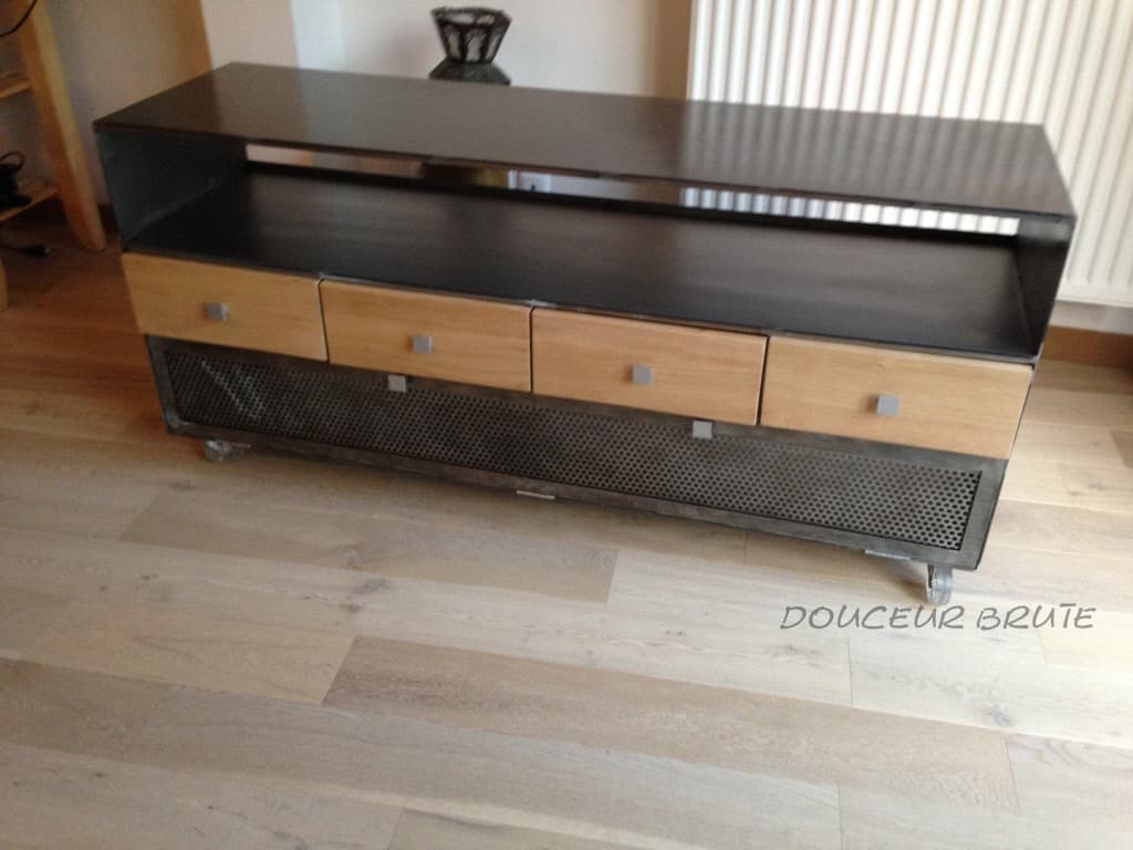 Meuble TV en Métal Gris et Chêne Clair "LOFT"