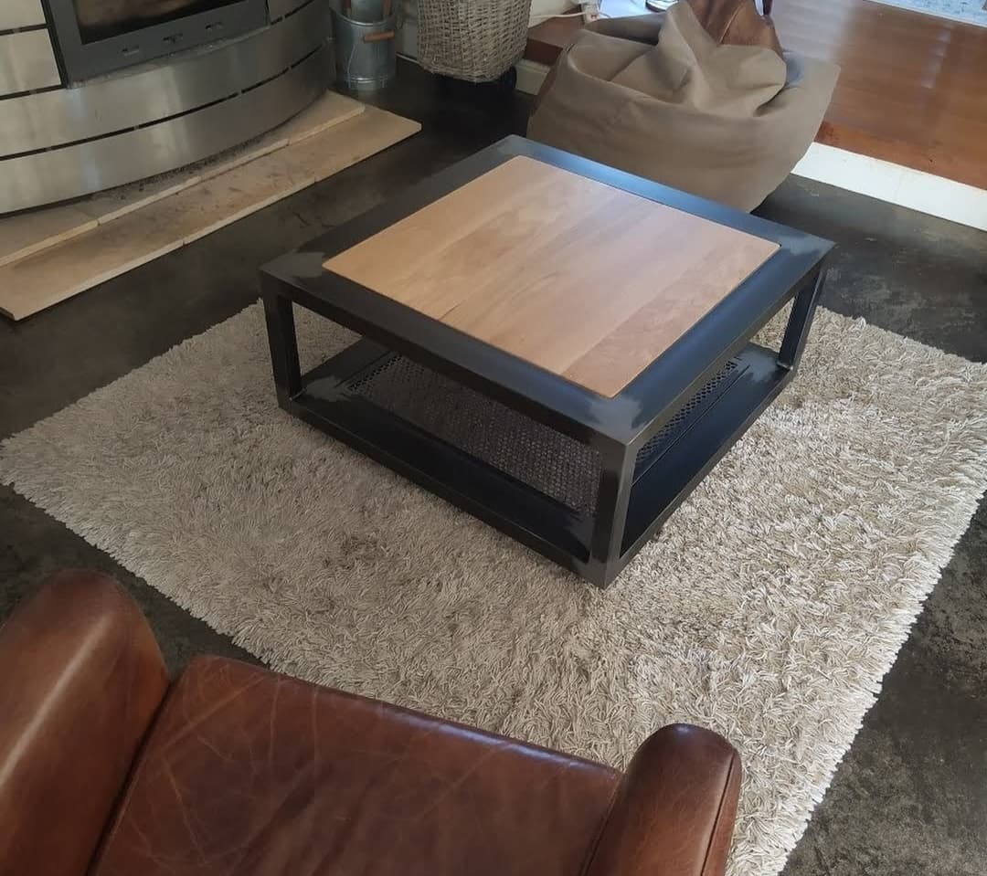 Table basse industrielle " CHARME " carré en métal et bois 2 plateaux