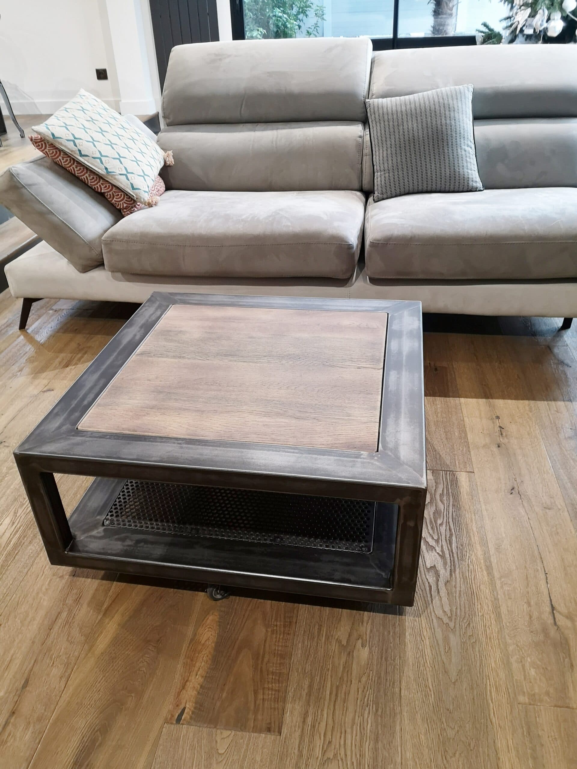 Table basse industrielle " CHARME " carré en métal et bois 2 plateaux