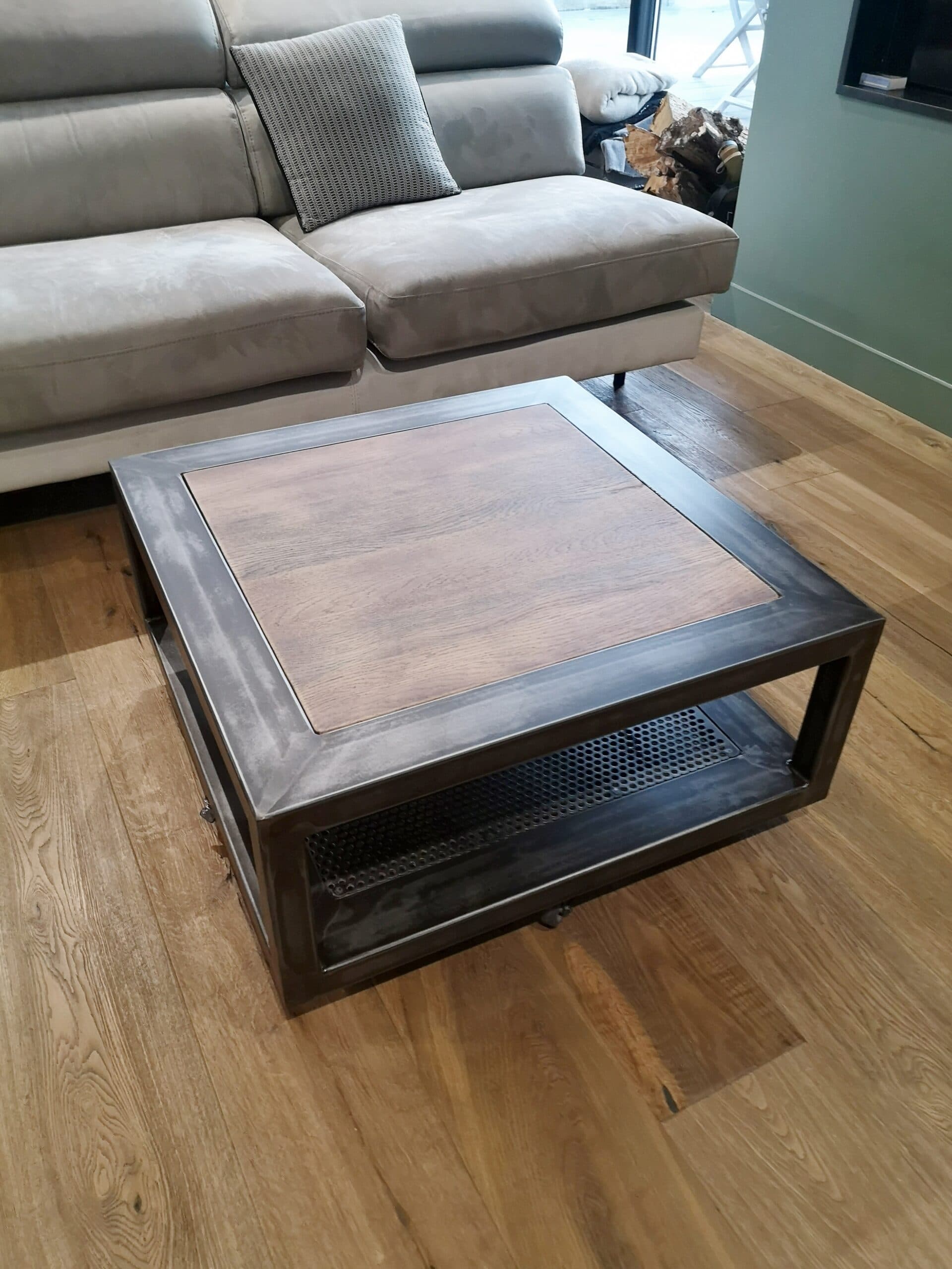 Table basse industrielle " CHARME " carré en métal et bois 2 plateaux