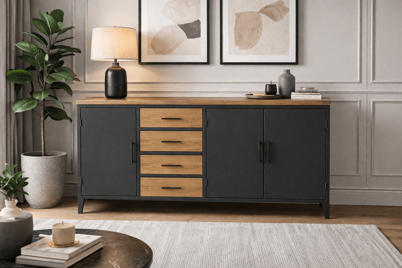 Grand Bahut BREST : meuble industriel chic en bois massif et métal 