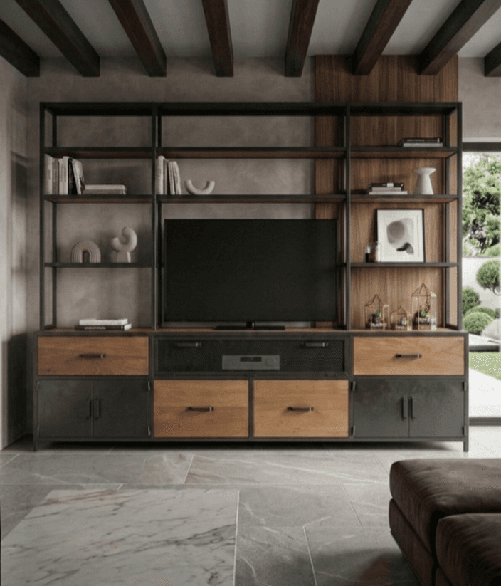 Meuble TV Bibliothèque industriel en bois & métal sur mesure "MANOIR" 
