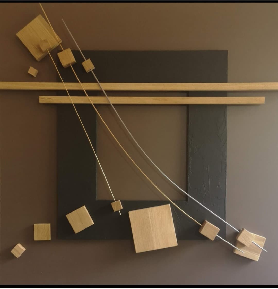 Tableau sculpture murale abstrait Infini Legno - Art français en chêne et laiton