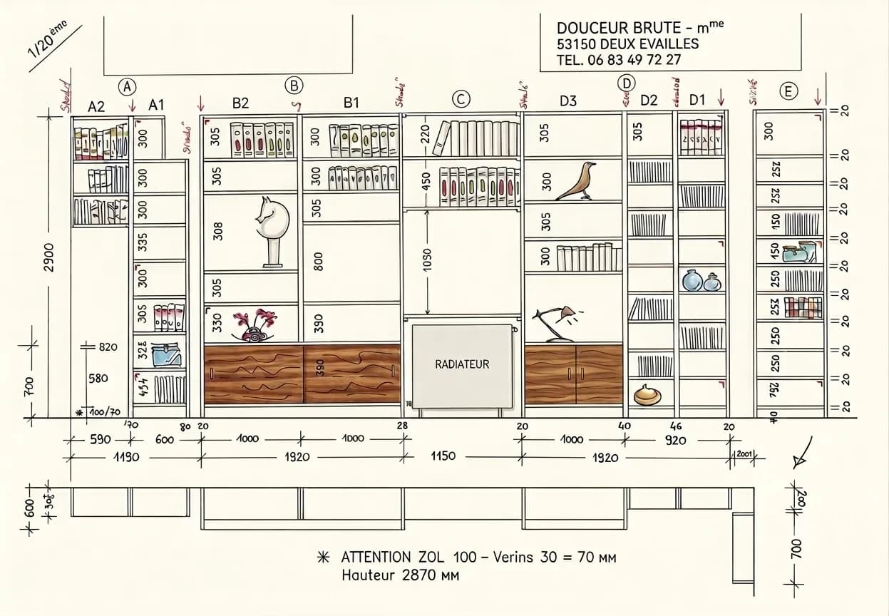 plan projet grande bibliotheque et bahuts chene et acier