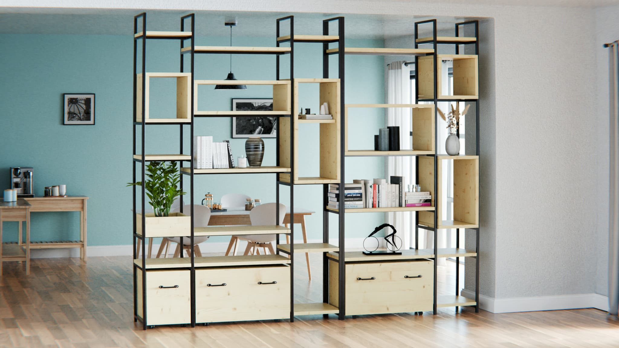 Bibliothèque sur mesure en bois et métal