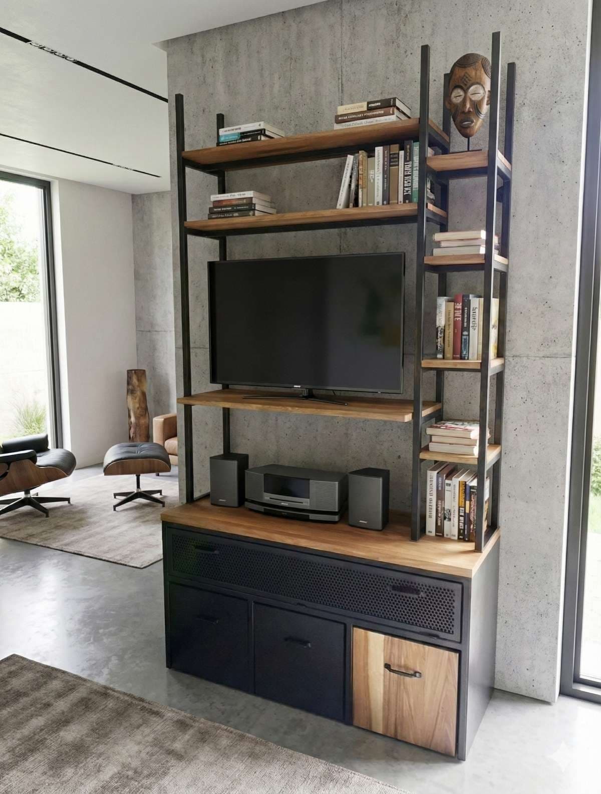 Meuble TV chêne massif et métal sur mesure "Quercus"