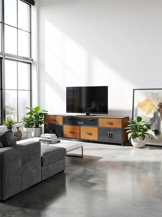Meuble TV XXL industriel en chêne & métal "MAN"