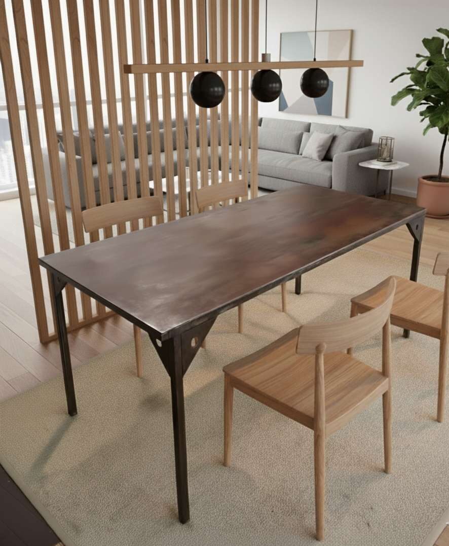 Table en acier artisanale, finition fleur de rouille, entourée de chaises en bois clair dans un séjour moderne.