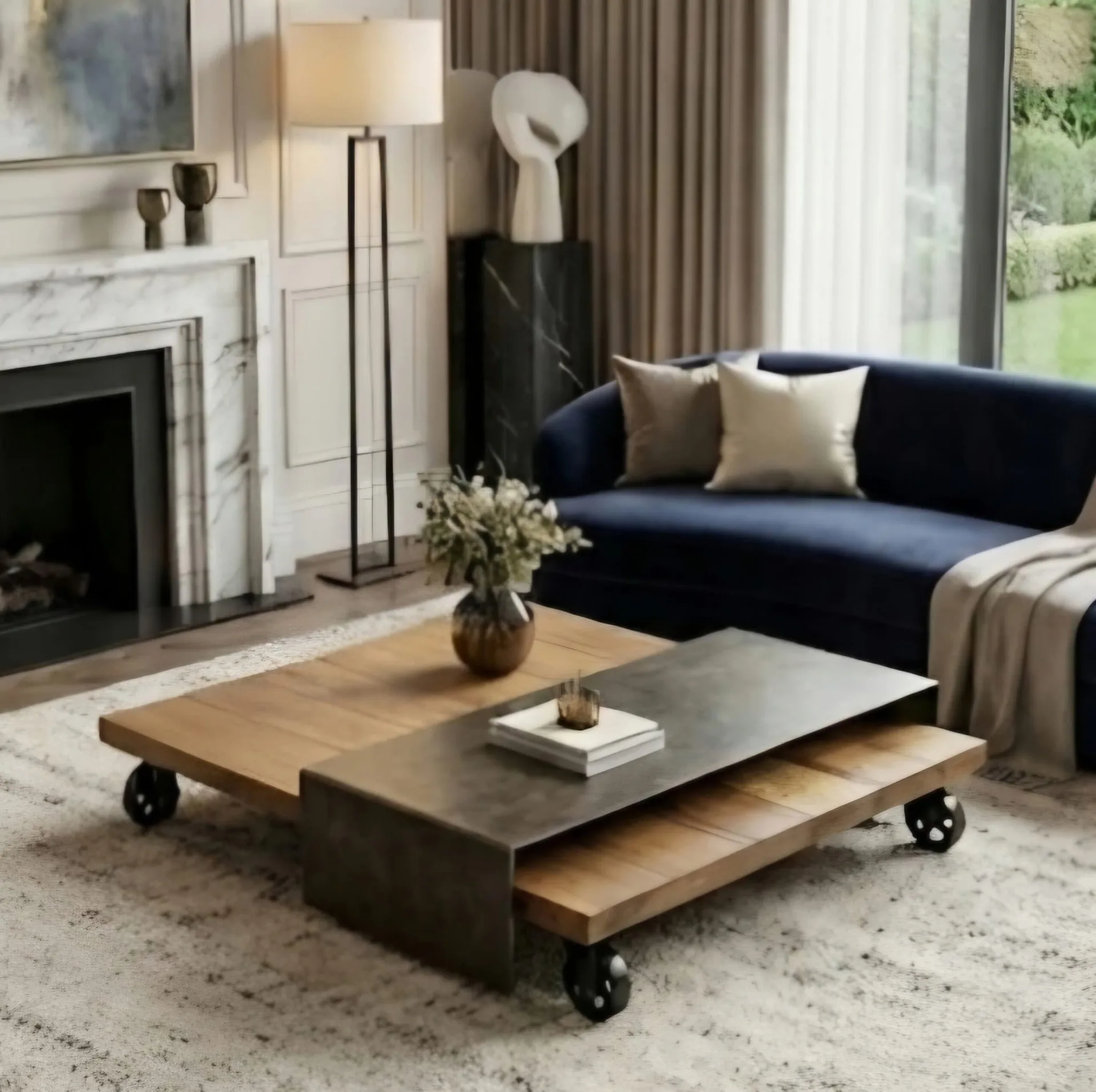 Table basse basse mobile en bois et métal dans salon moderne, canapés bleus, plantes et décor minimaliste, sur tapis clair. Comment choisir table basse est facilité.