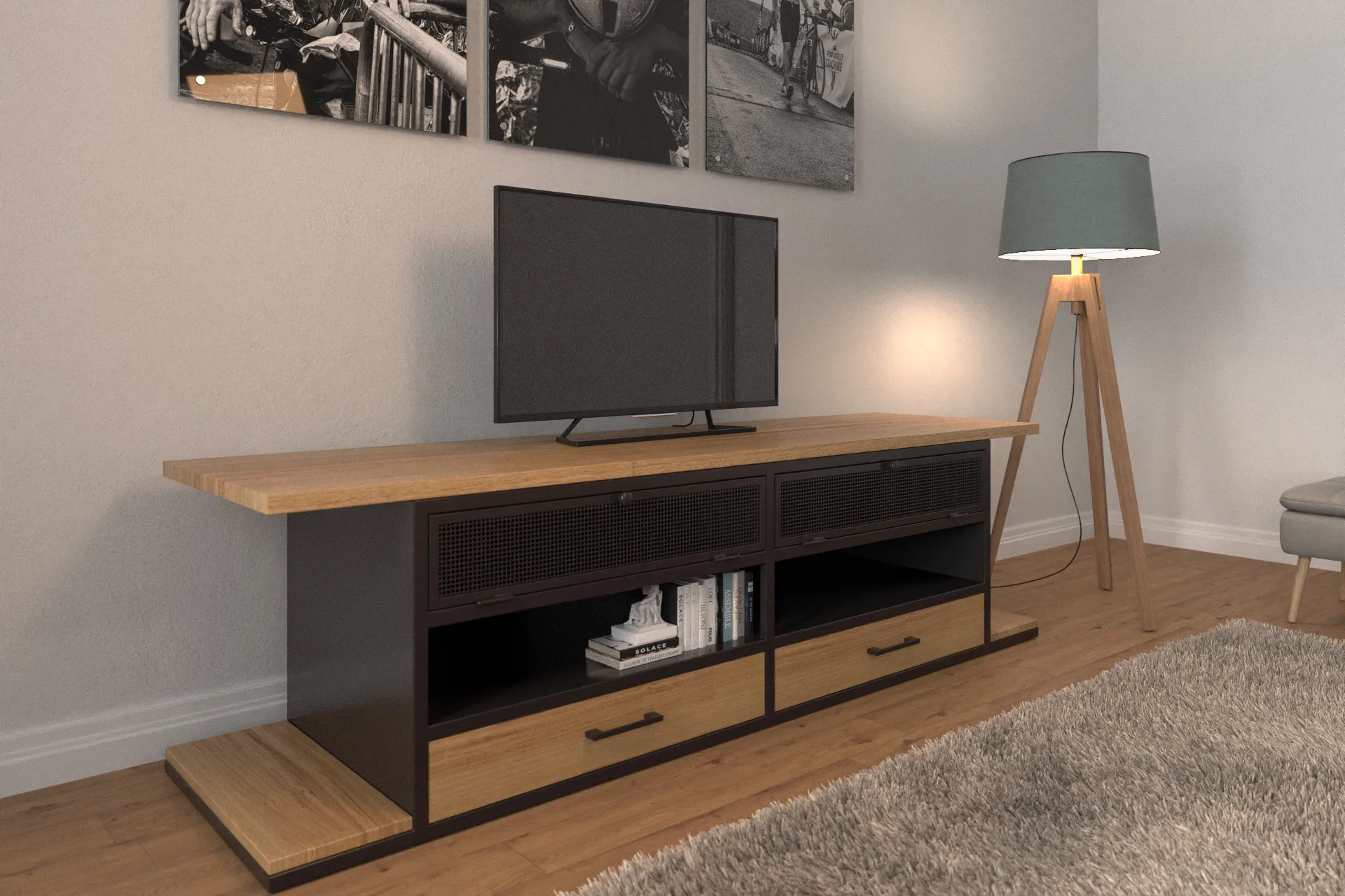 Meuble TV en bois et métal style industriel avec plateau en bois clair et cadre noir, rangement cabines et tiroirs, dans salon contemporain avec lampadaire et tapis.