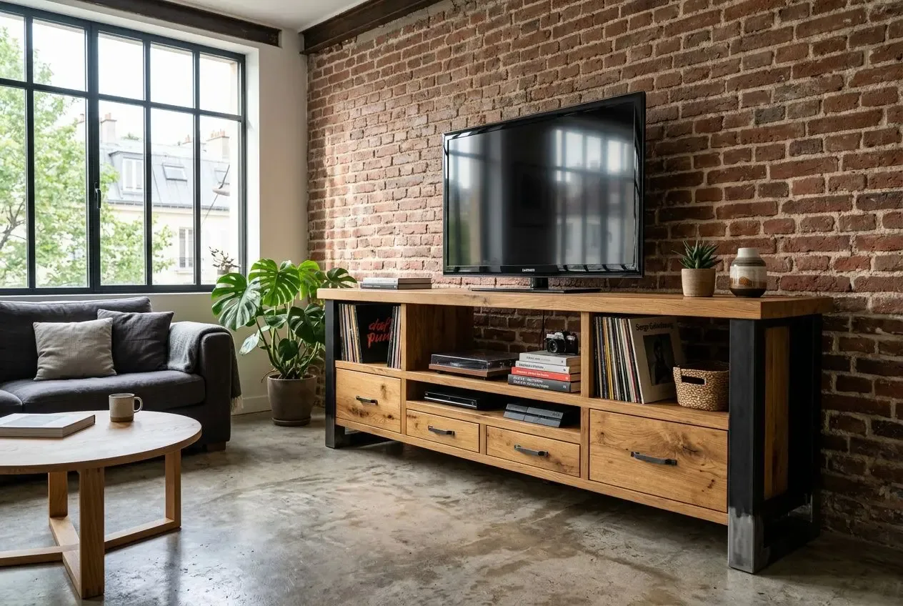 Meuble bois et metal style industriel: meuble TV en bois massif avec structure métallique dans un salon loft, étagères, rangements et plantes vertes.