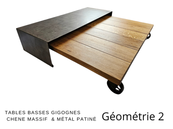 Table basse gigogne en chêne massif et métal patiné rouille sur roulettes "GÉOMÉTRIE CHÊNE " – Image 8