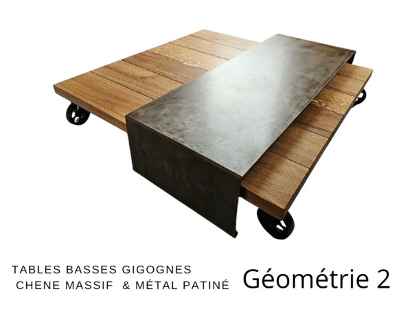 Table basse gigogne en chêne massif et métal patiné rouille sur roulettes "GÉOMÉTRIE CHÊNE " – Image 2