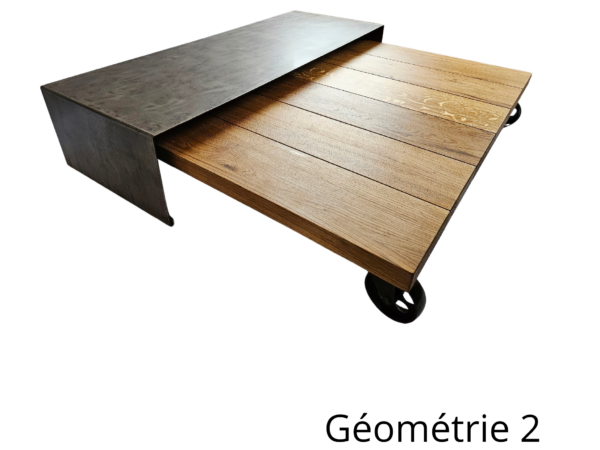 Table basse gigogne en chêne massif et métal patiné rouille sur roulettes "GÉOMÉTRIE CHÊNE " – Image 4