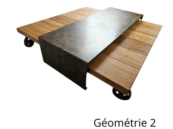 Table basse gigogne en chêne massif et métal patiné rouille sur roulettes "GÉOMÉTRIE CHÊNE " – Image 3