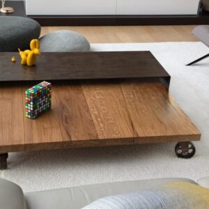 Table basse gigogne en chêne massif et métal patiné rouille sur roulettes "GÉOMÉTRIE CHÊNE "