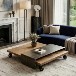 Table Basse Gigogne en Chêne Massif et Métal Patiné, sur roulettes "GÉOMÉTRIE CHÊNE "