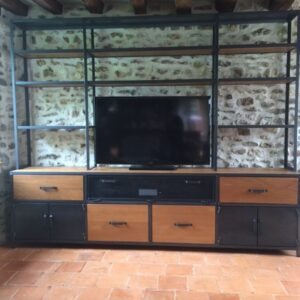 Bahut, Bibliothèque, Meuble TV en Métal et Chêne avec Lasure "MANOIR"