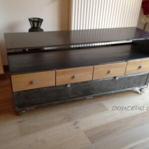 Meuble TV en Métal Gris et Chêne Clair "LOFT"