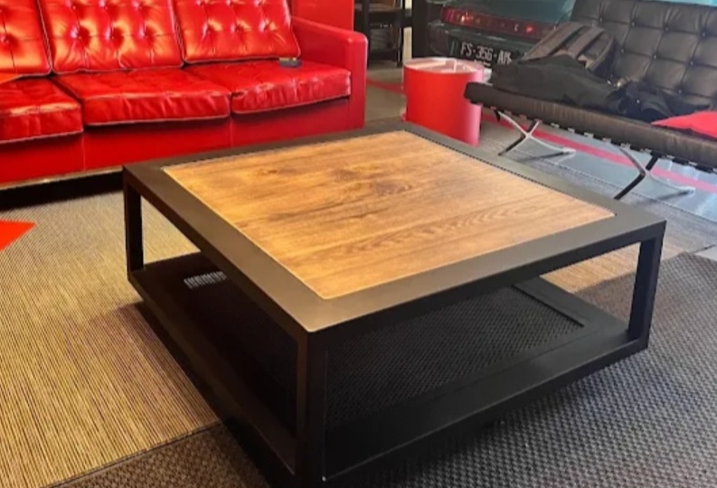 Table basse industrielle " CHARME " carré en métal et bois 2 plateaux