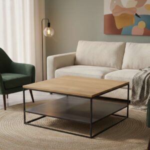 Table basse carre double plateau bois massif et métal "WOOD"