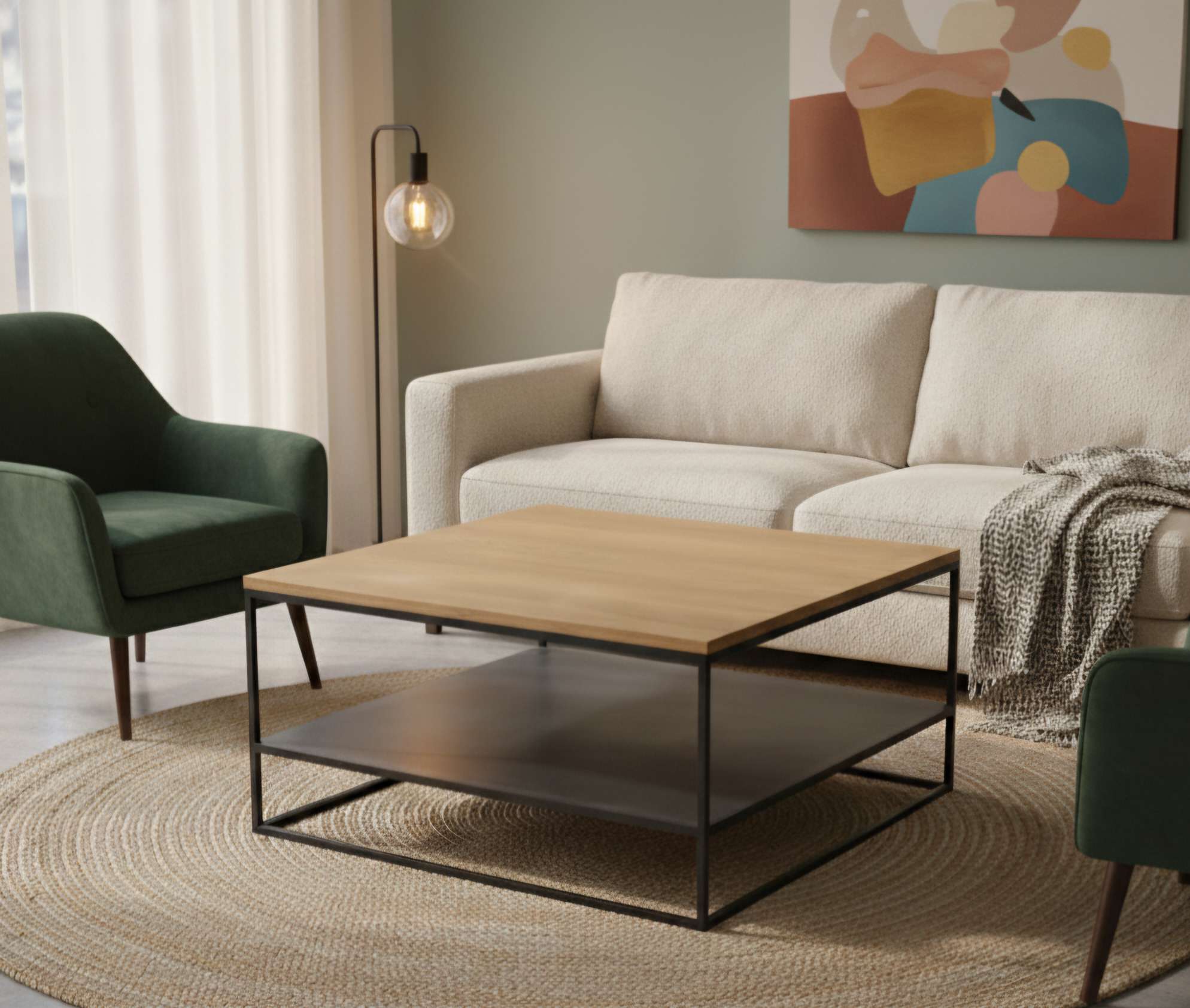 Table basse carre double plateau bois massif et métal "WOOD"