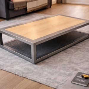 Table basse design en Acier brossé et bois clair dans un salon contemporain avec canapé gris et tapis clair
