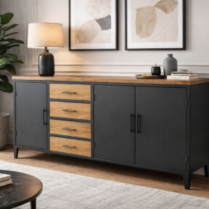 Bahut moderne en acier calaminé vernis avec plateau et façades de tiroirs en chêne massif, style contemporain