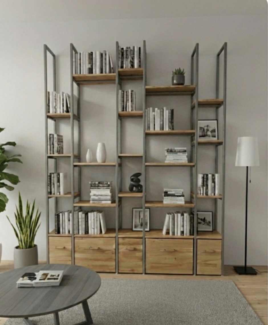 Bibliothèque haut de gamme robuste en hêtre massif et structure métal aux lignes élégantes et fines