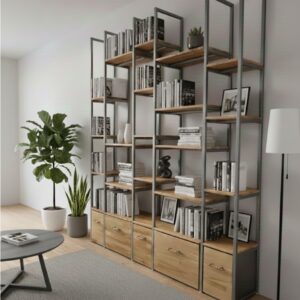 Bibliothèque sur mesure de style contemporain en hêtre massif et métal avec coffres de rangement sur roulettes