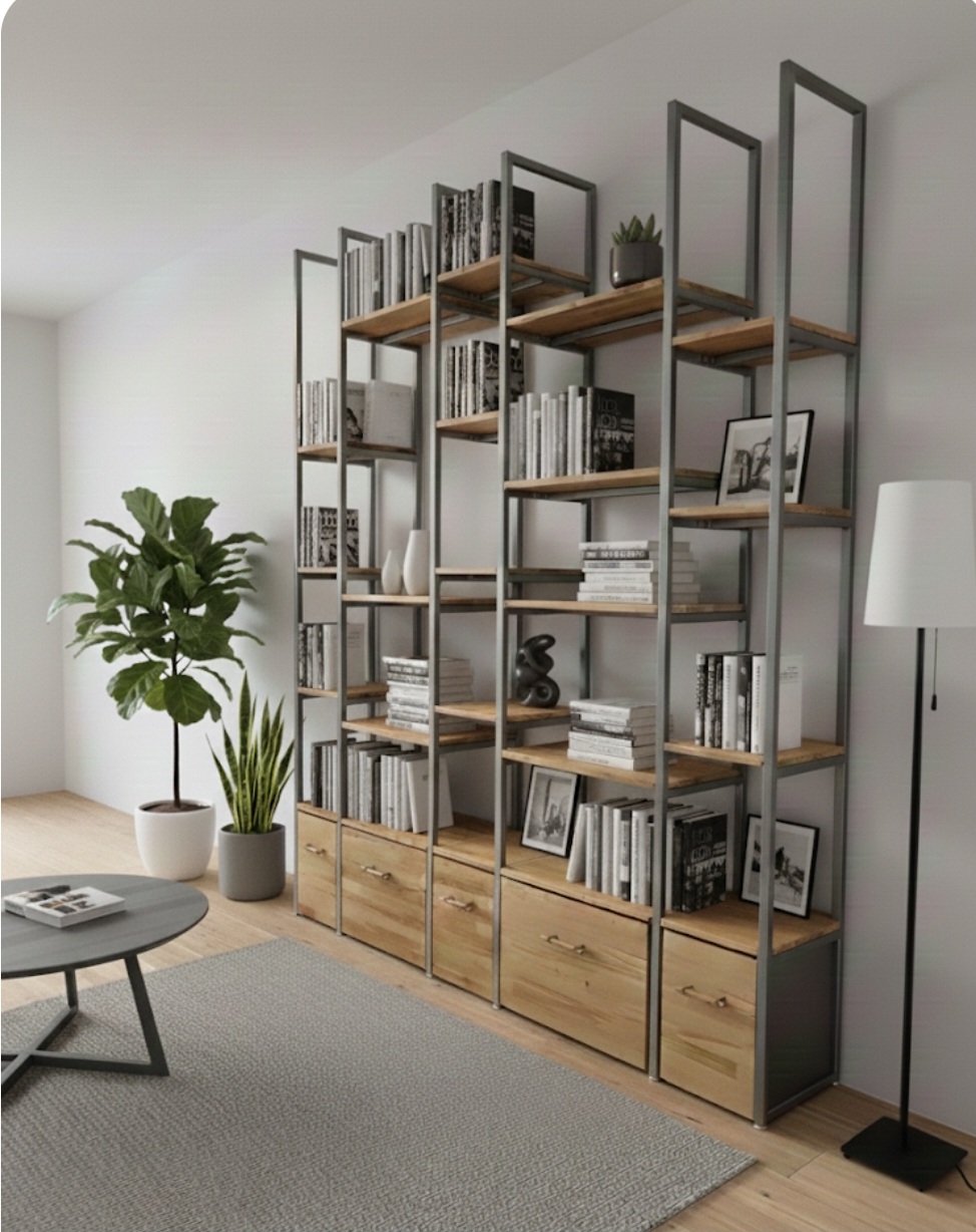 Bibliothèque sur mesure de style contemporain en hêtre massif et métal avec coffres de rangement sur roulettes