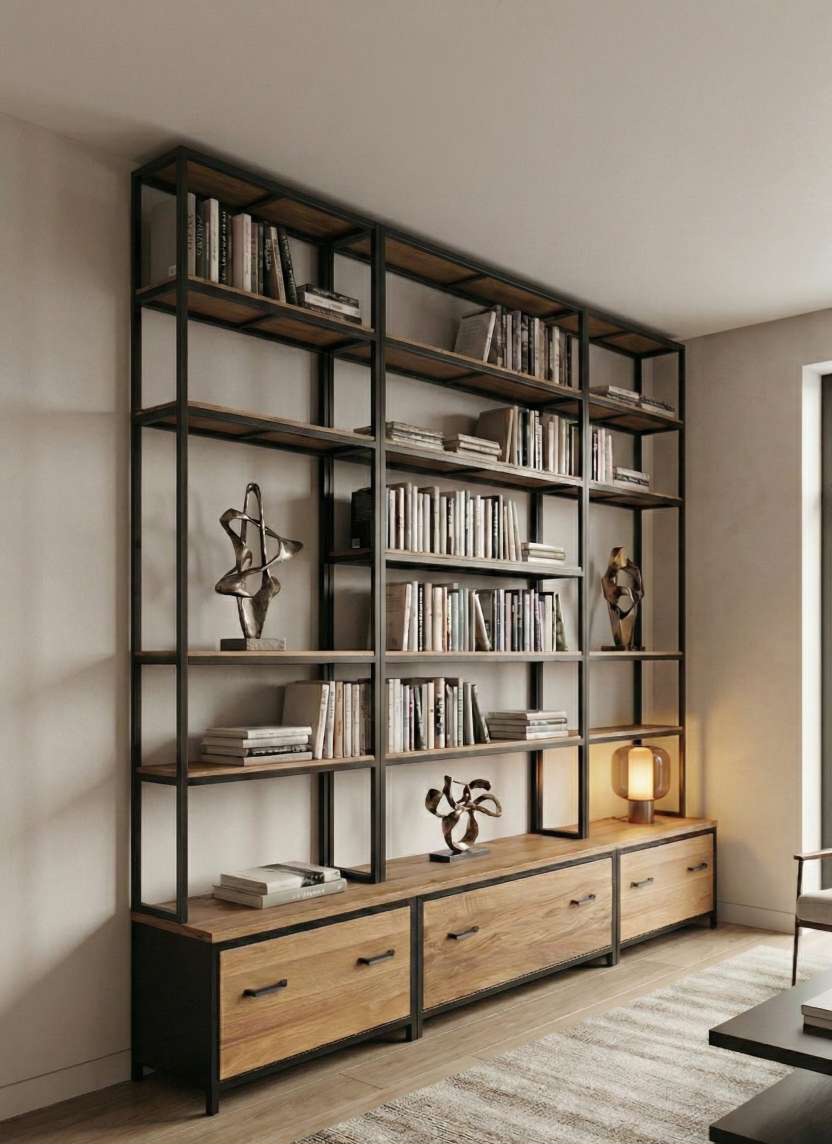 Grande bibliothèque industrielle sur mesure "Cadre Noir" en chêne massif et acier laqué noir. Vue d'ensemble montrant la structure architecturale, les étagères épaisses supportant des livres d'art et sculptures, et les trois grands tiroirs de rangement en bois massif en partie basse.