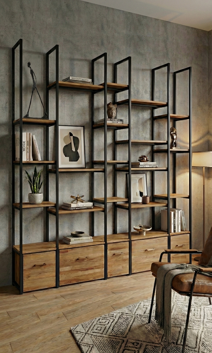 Bibliothèque contemporaine en hêtre massif et métal noir avec étagères asymétriques et coffres a roulettes, mis en scène dans un salon avec fauteuil en cuir