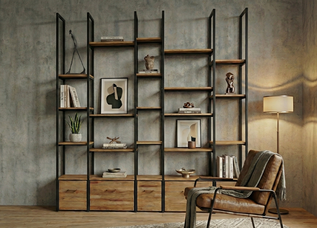 vue frontale d'une bibliothèque contemporaine à structure asymétrique en métal noir et étagères en bois avec rangements en partie basse