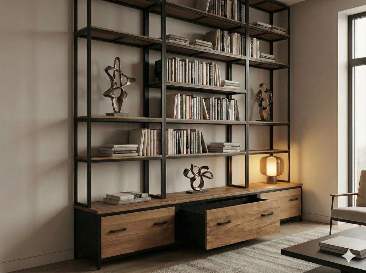 Grande bibliothèque industrielle en chêne massif et métal noir avec le tiroir central ouvert. Les étagères supportent des livres, des sculptures et une lampe, le tout dans un intérieur contemporain et chic