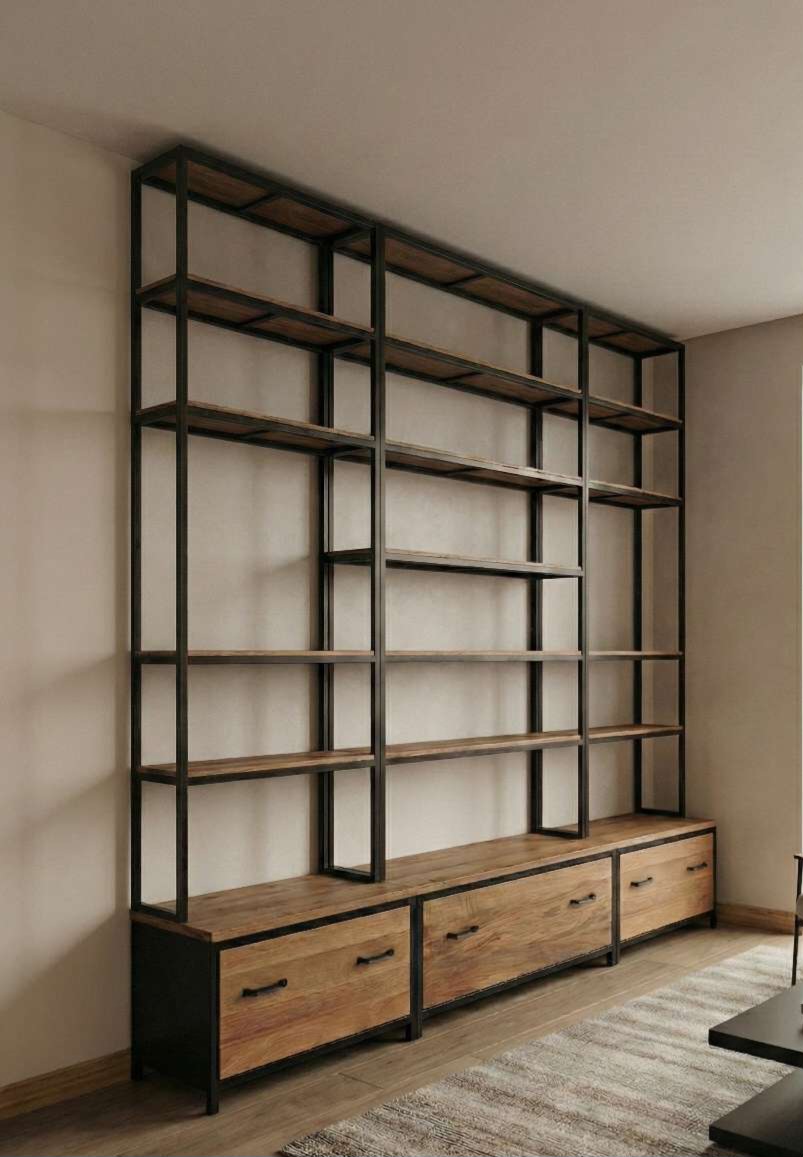 Grande bibliothèque industrielle en métal noir et chêne massif, entièrement vide de livres et d'objets de décoration, avec tous les tiroirs fermés, installée contre un mur de couleur blanc cassé.
