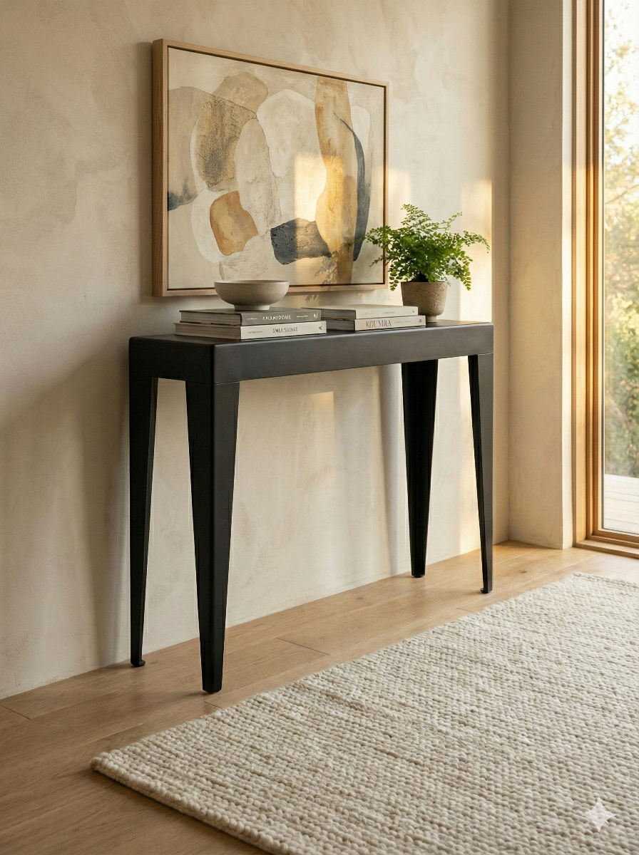 Vue de profil d une console étroite en métal noir mat, mettant en valeur ses pieds fuselés et son plateau
