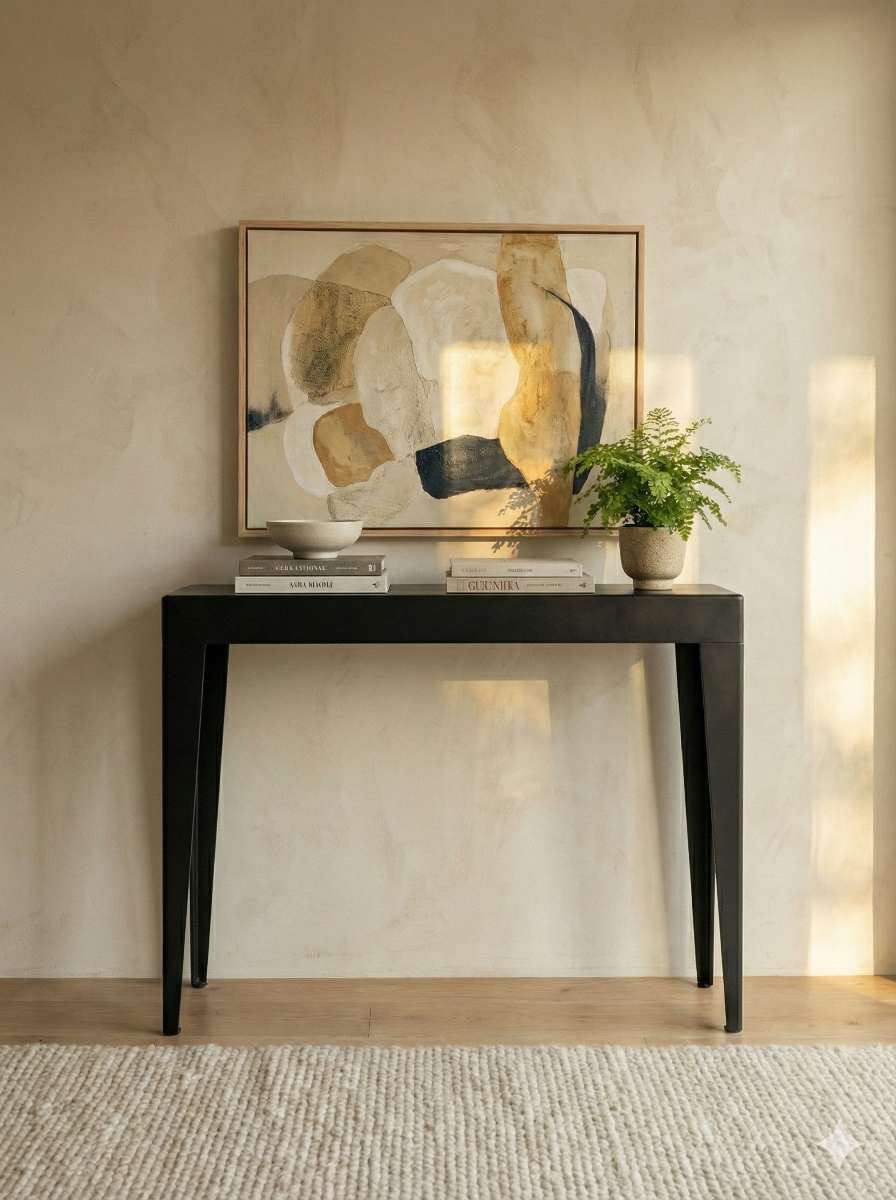 Console design en métal noir décoré avec des livres et une plante verte - Au dessus un tableau abstrait dans un salon contemporain