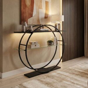 Console design double ronde en métal noir mat et plateau en verre - Collection Douceur Brute.