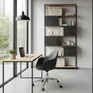 Bibliothèque style industriel Codex en métal noir et bois clair dans un bureau moderne avec bureau assorti et chaise grise.