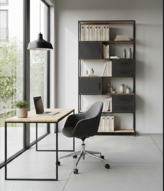 Bibliothèque style industriel Codex en métal noir et bois clair dans un bureau moderne avec bureau assorti et chaise grise.