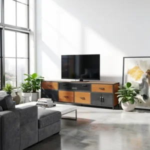 Meuble TV XXL industriel en chêne et métal « MAN » dans un salon lumineux avec canapé gris et plantes.