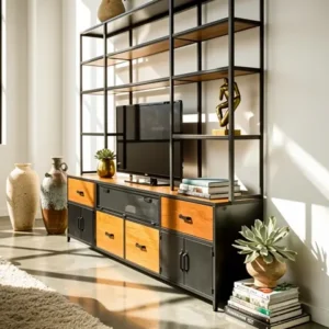 Très grand grand bahut/Bibliothèque en métal noir et chêne massif teinté merisier, avec rangement TV et niche