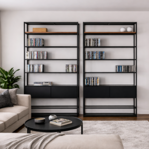 Vue frontale de deux bibliothèques style industriel en métal noir Avec des étagères en verre, des étagères en métal et deux rangements fermés