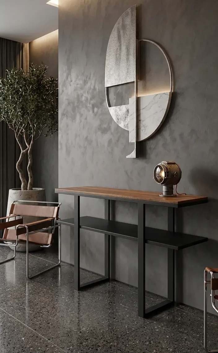 Console bois massif et métal noir, mur gris foncé et sculpture géométrique métallique, lampe antique et plante d’intérieur.