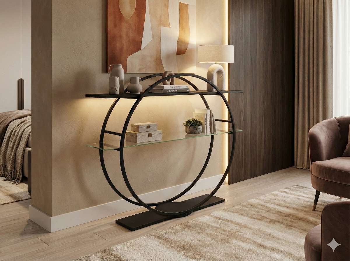 Console design métal noir & verre "Double Ronde "