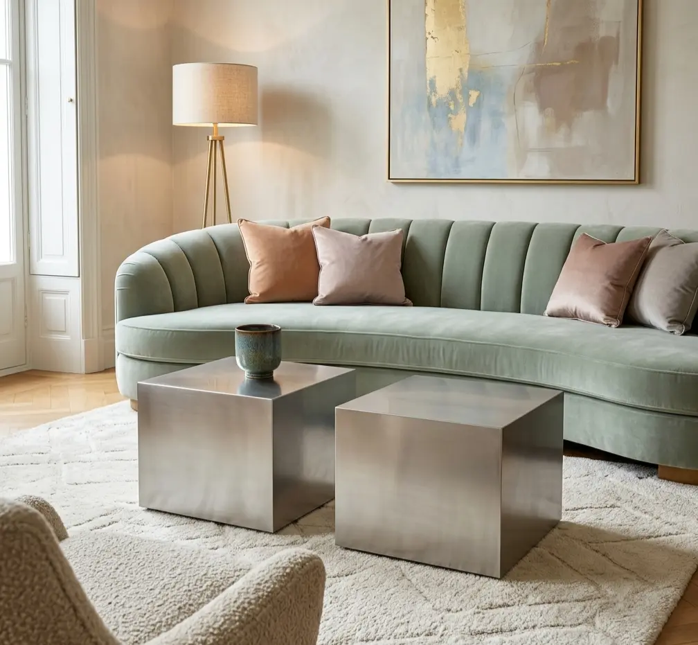 Salon élégant avec canapé vert pastel, coussins roses et tables basses en acier inoxydable; ambiance lumineuse et moderne. Alt text: