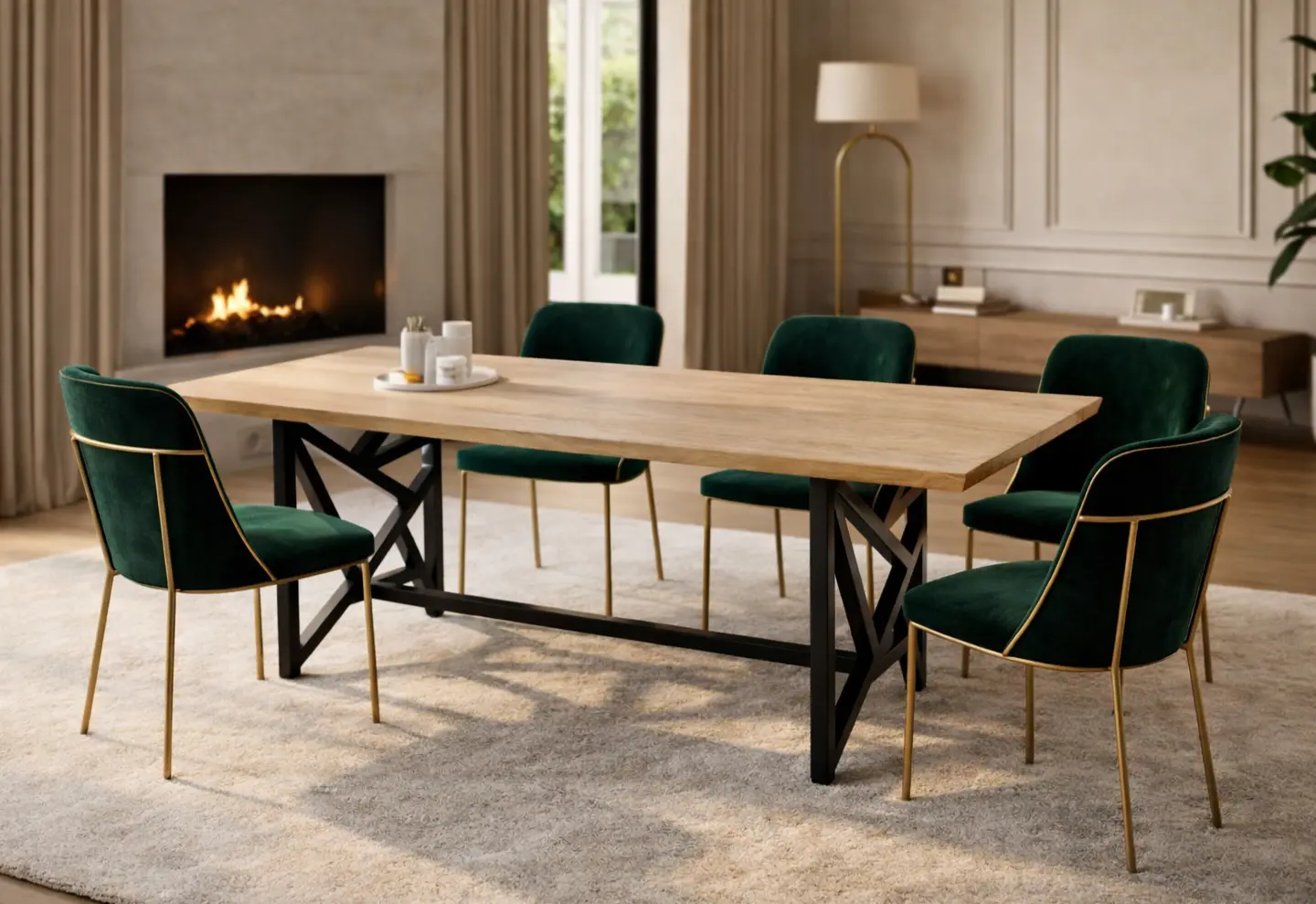 Table de salle à manger en bois massif avec chaises vert émeraude et pieds dorés, set dans salon élégant.
