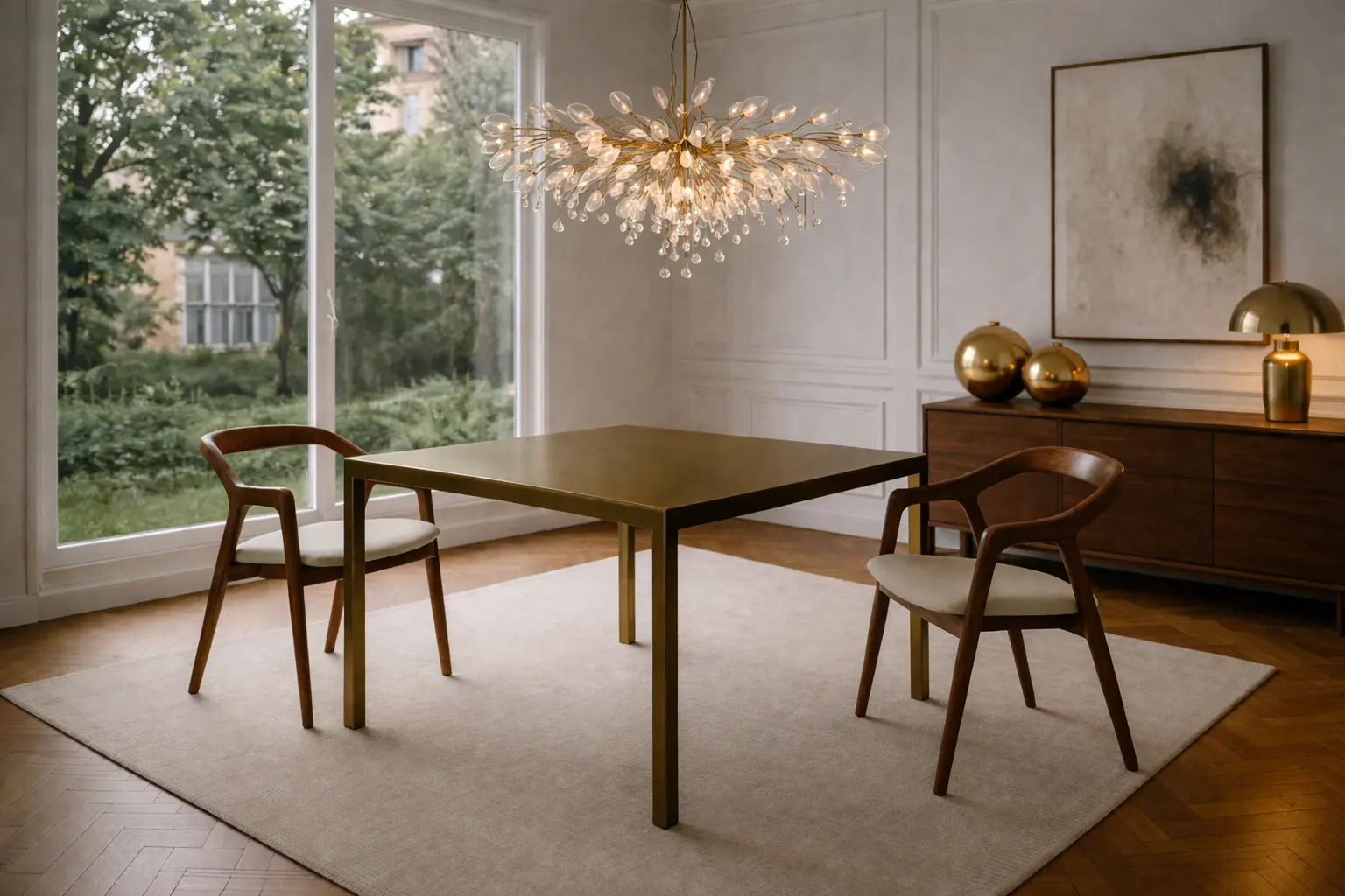 Table moderne en métal patiné réaliser sur mesure, entourée de deux chaises élégantes dans un salon lumineux avec lustre et buffet en bois.